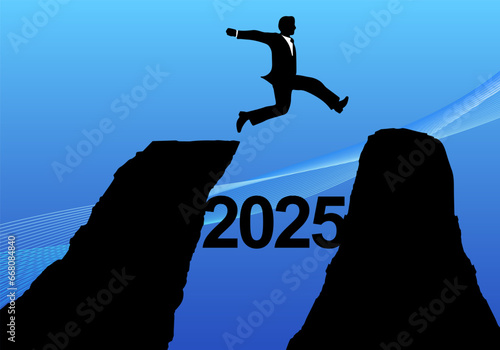 2025年の崖を飛び越えるビジネスマン