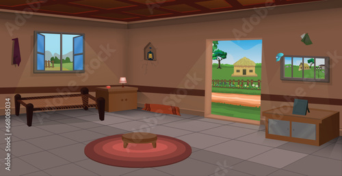 Village room inside vector, poor room interior, old cottage vector illustration