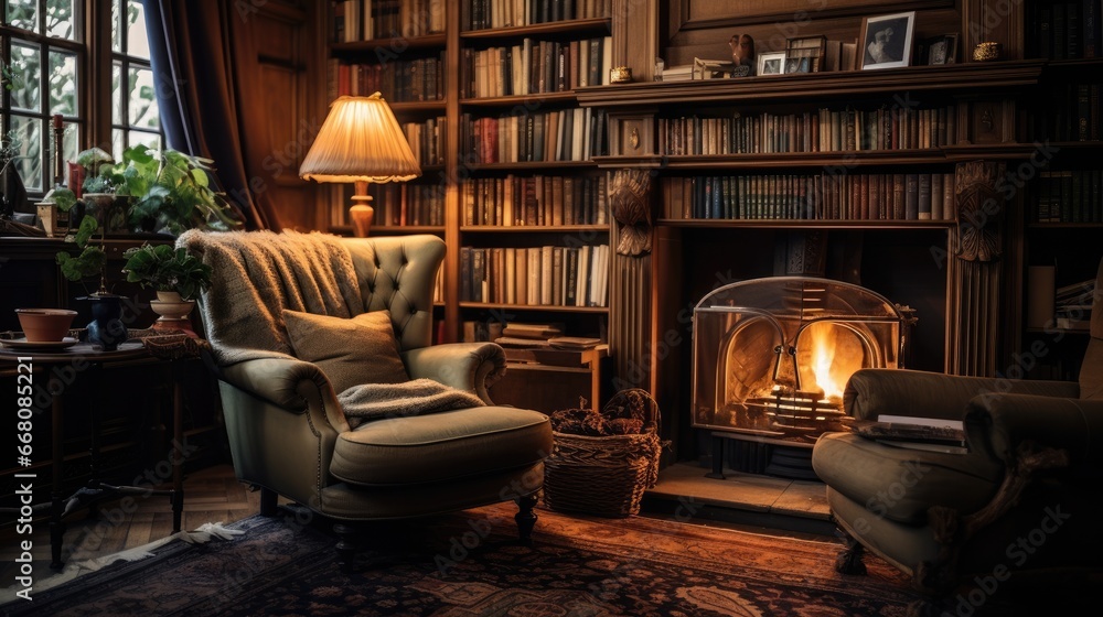 A cozy library with a fireplace and shelves of old books. A sense of nostalgia and intellectual calm. A cozy library with a fireplace and shelves of old books. A sense of nostalgia and intellectual calm.