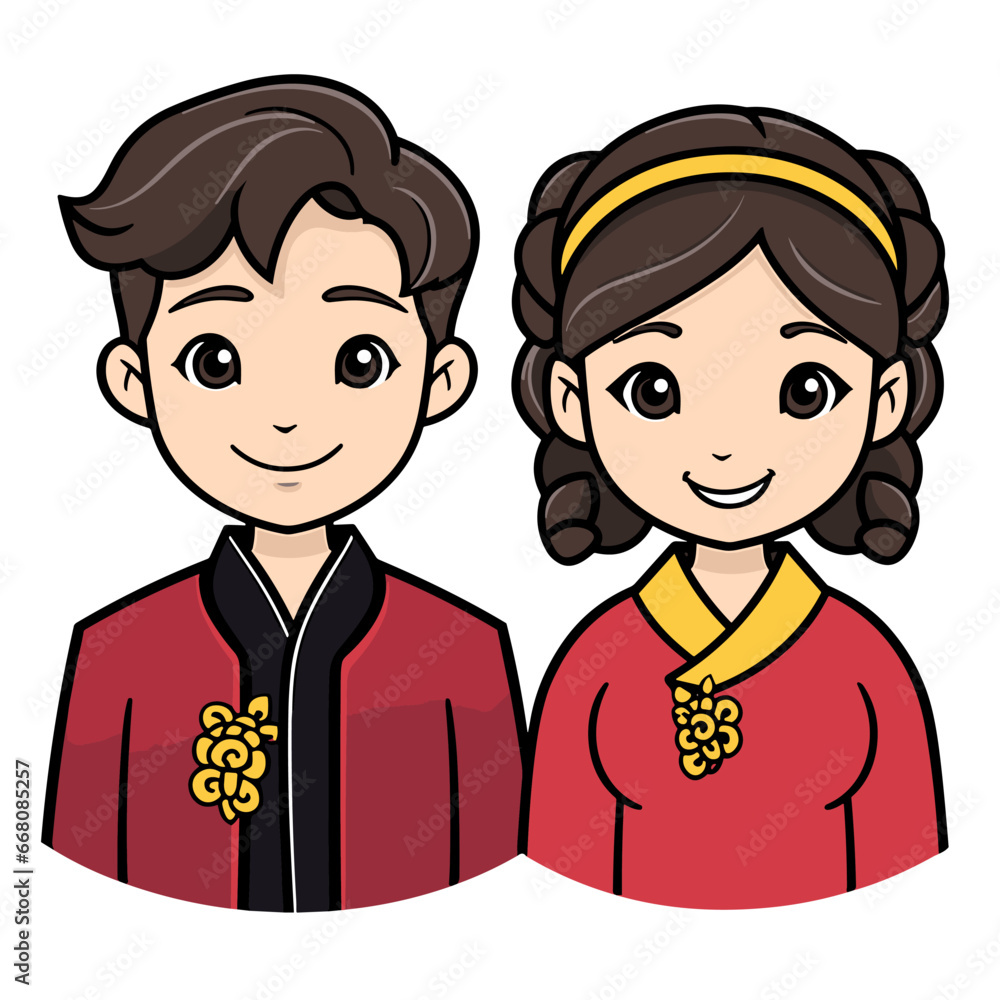 Chinese couple hand-drawn comic illustration. Chinese couple. Vector doodle style cartoon illustration. ai generated Chinese couple hand-drawn comic illustration. Chinese couple. Vector doodle style cartoon illustration. ai generated