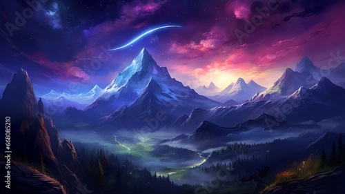 Beautiful color mountain night painting high resolution wallpaper image Ai generated art