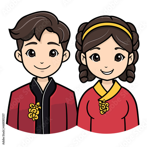 Chinese couple hand-drawn comic illustration. Chinese couple. Vector doodle style cartoon illustration. ai generated