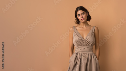 A young brunette woman in beige dress stands against a solid beige background. Studio. Isolated beige background. 