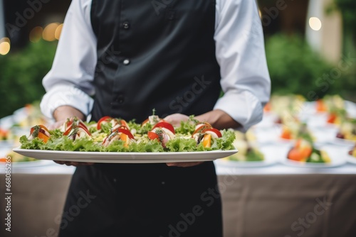 Waiter carrying a plate of food on some festive event  party or wedding reception