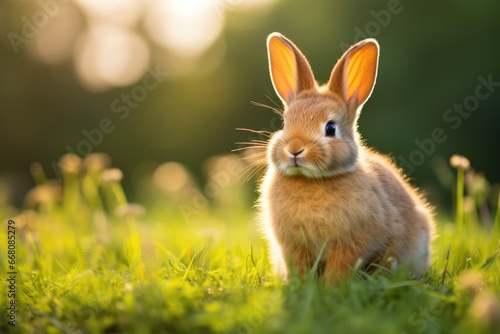 Domestic pet rabbit in green grass