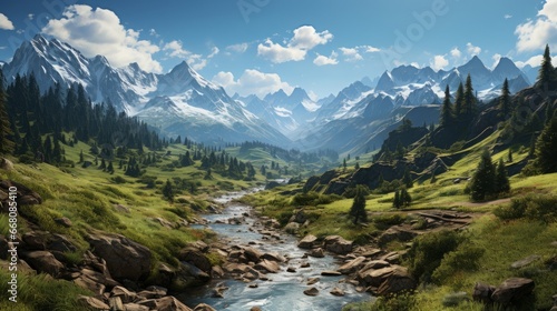 Exquisite Alpine Marvel: Majestic Peaks, Lush Valleys and Tranquil Rivers amidst Enchanting Landscapes in Switzerland, generative AI