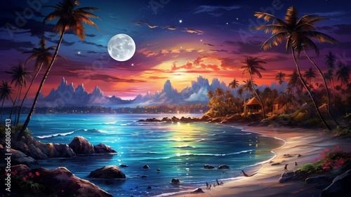 Beautiful colorful island night beach painting wallpaper image Ai generated art