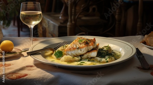 White wine and cod served at a restaurant