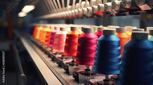 Textile factory with spinning and embroidery machines creating colorful threads and fabrics