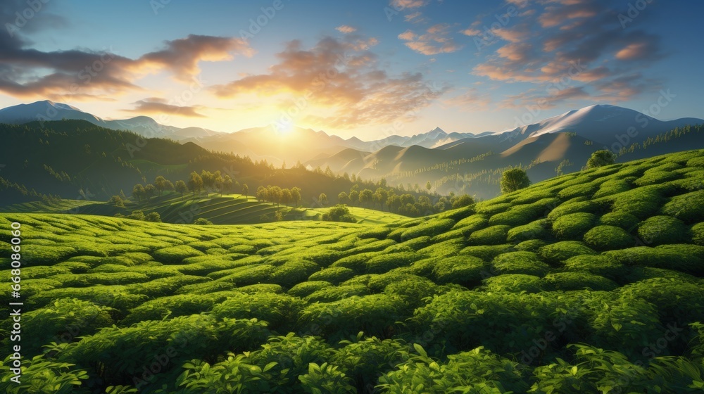 Sunrise at a green tea plantation with a natural backdrop