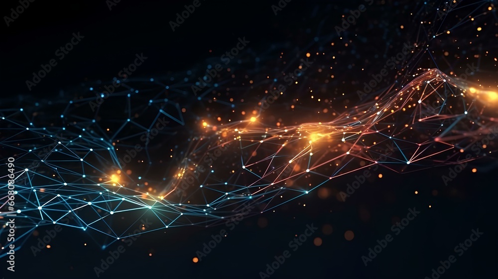 Obraz premium Abstract connected dots and lines glowing neon that burst. AI technology concept, digital data flow movement. Communication and network. 3D rendering. generative AI