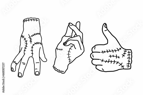 vector illustration of monster hand in line art style. halloween zombie hand set in defferent positions. wednesday thing illustration isolated on white background