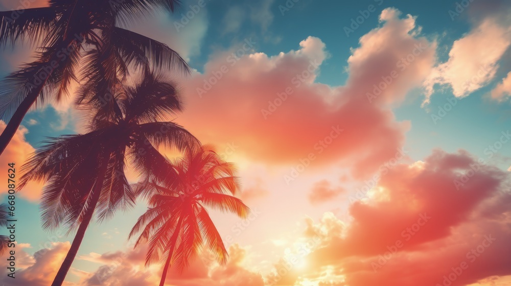 Silhouette of palm tree at sunset on abstract sunset sky and cloud background Summer vacation and nature travel concept Vintage tone filter effect