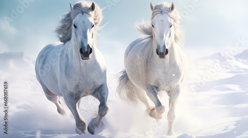 Two horses of pure white galloping together on bright backdrop © vxnaghiyev