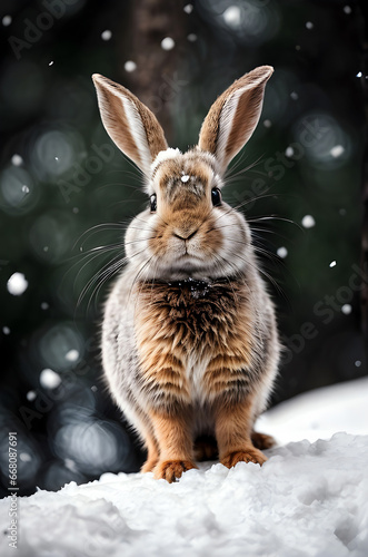 photo cute rabbit with falling snow ai generated © XMind