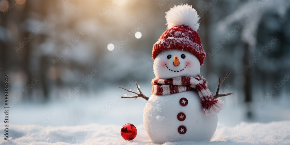 Snowman with a Santa hat,close up,empty space. Generative AI. Snowman with a Santa hat,close up,empty space. Generative AI.