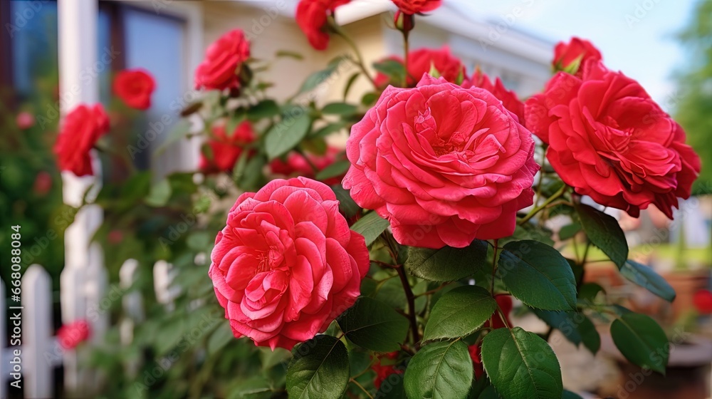 Summer decorations and gardening with a stunning red rose bush in a countryside home garden Summer decorations and gardening with a stunning red rose bush in a countryside home garden