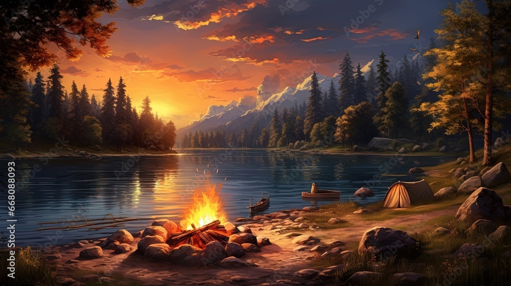 Picturesque campfire at twilight in the woods - obrazy, fototapety, plakaty 