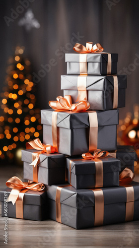 Wallpaper Mural Gift boxes and Christmas tree on wooden table against blurred lights background. Torontodigital.ca