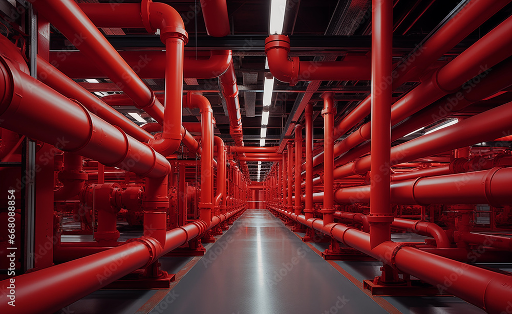 Empty industrial corridor where a vibrant red pipeline winds its way through the scene. Empty industrial corridor where a vibrant red pipeline winds its way through the scene.
