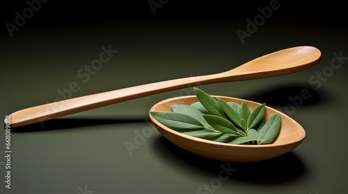 Wooden spoon holding green leaf with alternative medicine tablets photo