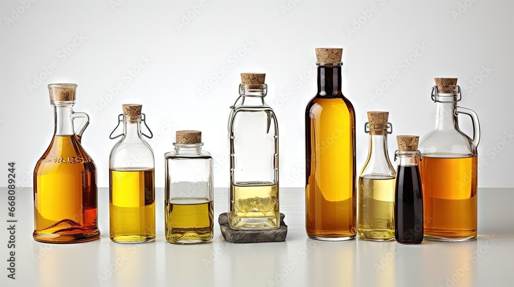 Variety of oils in bottles on table