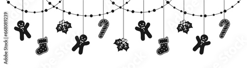 Merry Christmas Border Banner Silhouette, Hanging Gingerbread Cookies Garland. Winter Holiday Season Header Decoration. Web banner template. Vector illustration.