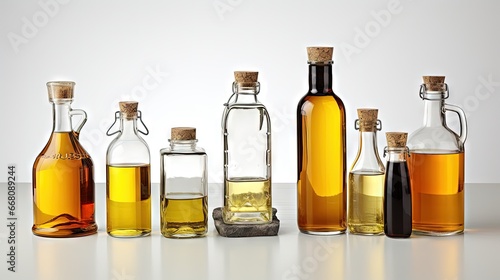 Variety of oils in bottles on table