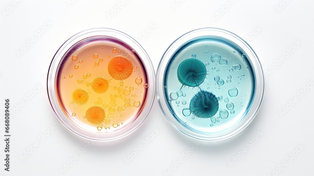 Top view of a liquid filled petri dish isolated on a white background representing a scientific laboratory concept for cosmetics or medicine - obrazy, fototapety, plakaty 