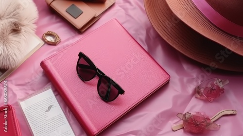 Valentine s Day travel planning with clothes passport and holiday essentials on a pink background