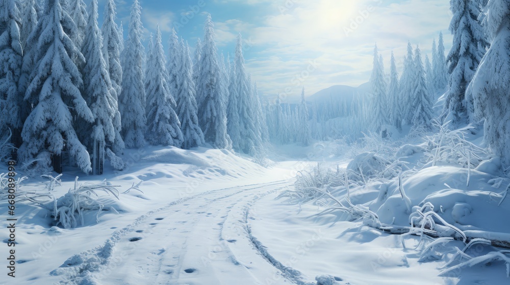 Scenic winter road through mountain forest Gorgeous snow landscape Scenic winter road through mountain forest Gorgeous snow landscape