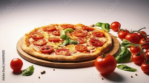 Pizza cherry tomatoes and basil composition on light background