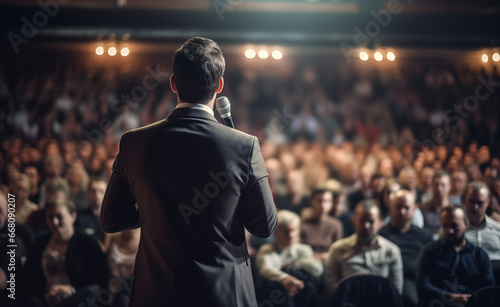 Rear view of motivational speaker standing on stage in front of audience for motivation speech. © Curioso.Photography