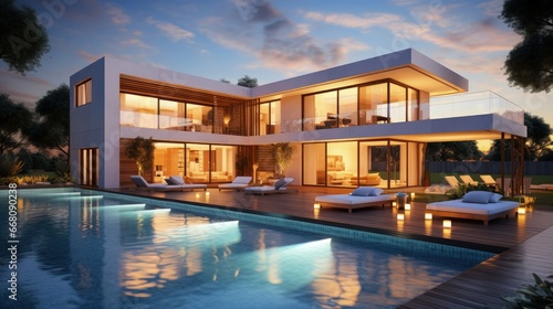 Sunset view of modern house with pool and backyard
