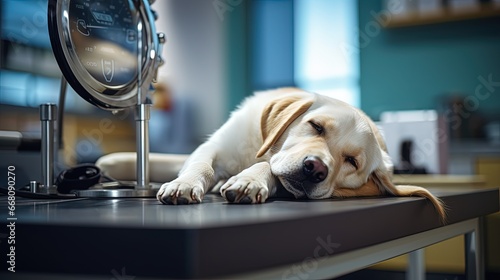 Sleepy Labrador dog in vet s clinic lying on table wearing stethoscope