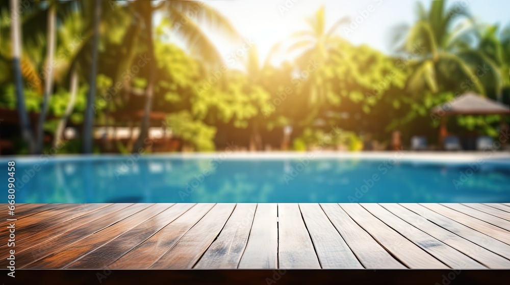 Product display template with empty table in front of blurred summer swimming pool background