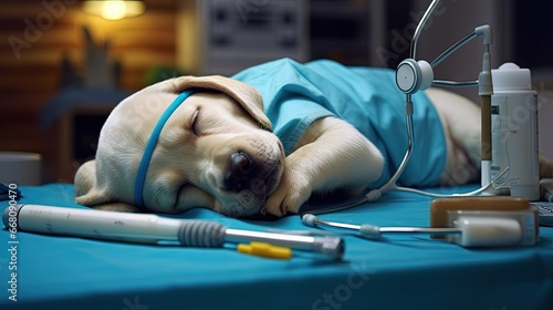 Sleepy Labrador dog in vet ...