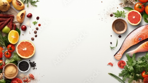 Top view of a table with a variety of fresh nutritious food representing a healthy diet and lifestyle