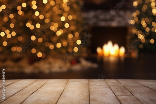 Wooden table in front of fireplace and christmas tree. Blurred background.