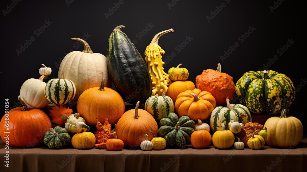 Varieties of heirloom squashes and pumpkins in a horizontal photo Varieties of heirloom squashes and pumpkins in a horizontal photo