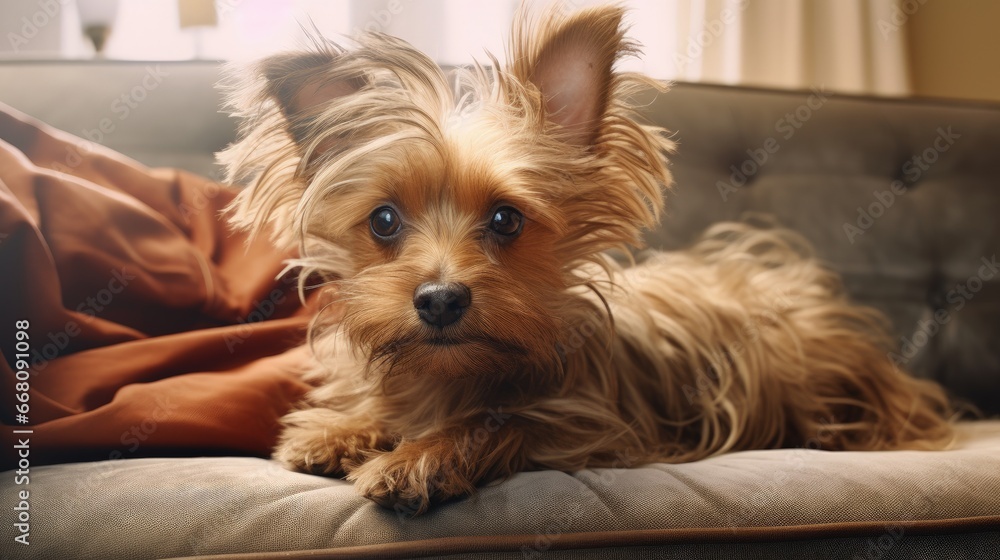 Terrier dog rests on sofa grooming and making eye contact with camera amid hair Terrier dog rests on sofa grooming and making eye contact with camera amid hair