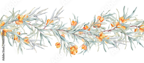 Watercolor border illustration sea buckthorn branches with orange berries and green leaves isolated on white background. Element hand painted natural plant twigs with fresh fruitsfor design photo