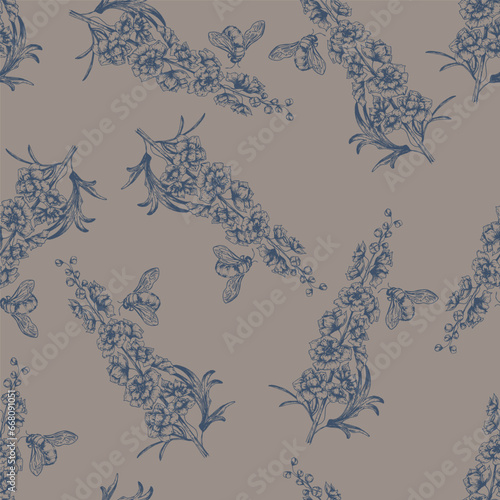 Seamless vector botanical pattern with a hand-drawn delphinium flower with a bee in the linart style on a beige gray background