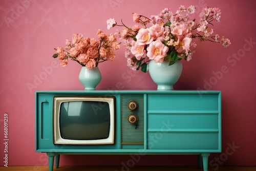 Colorful Vintage Retro Television Cabinets with Flowers