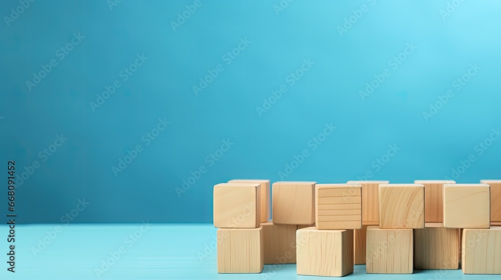 Wooden cubes on blue table with space for text representing business mission core values and solutions Wooden cubes on blue table with space for text representing business mission core values and solutions