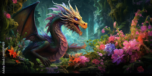 A dragon with a red and blue tail and a pink head. Whimsical Dragons Duck Bills and Dazzling Huesca dragon with a duck bill colorful feathers.AI Generative