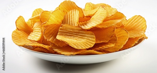 fried potato chips on a white background, in the style of samyang af 14mm f2.8 rf, complex lines, hyperrealism, 32k uhd, wiesław wałkuski, tactile, double lines photo