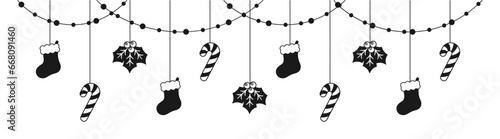Merry Christmas Border Banner Silhouette, Hanging Stocking, Mistletoe and Candy Cane Garland. Winter Holiday Season Header. Web Banner Template. Vector illustration.
