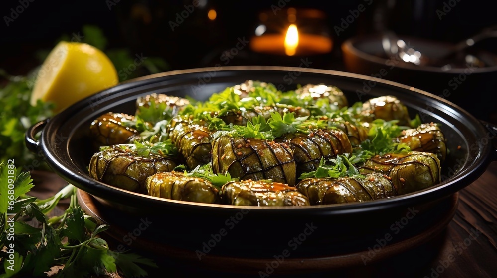 Delicious dolma - stuffed grape leaves with rice and meat in pot on dark background. Traditional Greek, Caucasian and Turkish cuisine. AI generated Delicious dolma - stuffed grape leaves with rice and meat in pot on dark background. Traditional Greek, Caucasian and Turkish cuisine. AI generated