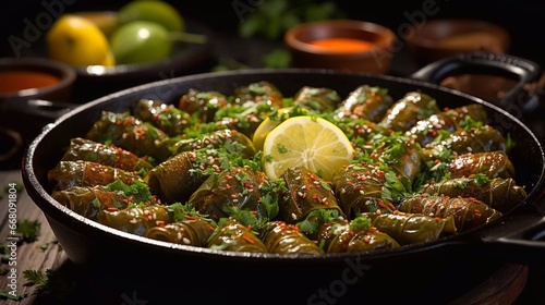 Delicious dolma - stuffed grape leaves with rice and meat in pot on dark background. Traditional Greek, Caucasian and Turkish cuisine. AI generated photo